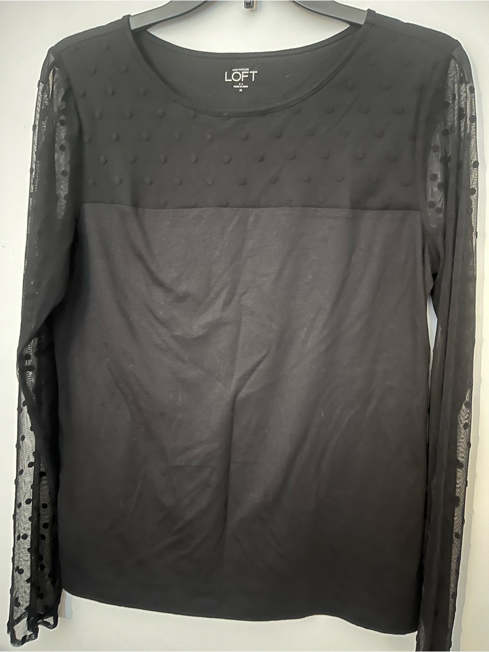 LOFT Black Elegant Swiss Dot Mesh Panel Long-Sleeve Top Sz M